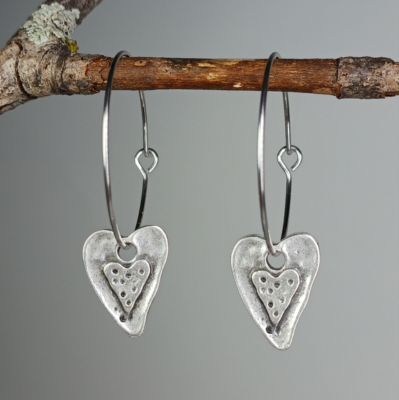 Hand Crafted Jewelry - HAND CRAFTED Silver Heart Minimalist Hoop Earrings